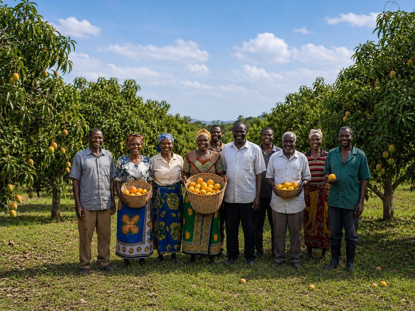 Kenyan smallholder farmers in a mango orchard supplying Sunny Processors Ltd